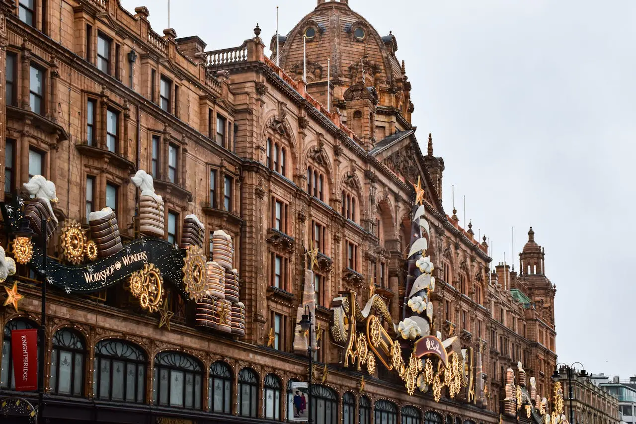Harrods department store with festive decorations in Knightsbridge, SW1